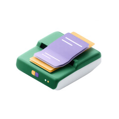 A colorful plastic photo printer with printed photos ejected, isolated on a white background, showcasing vibrant design and functionality for on-the-go picture printing.
