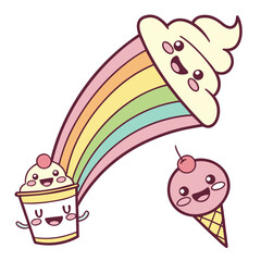 Kawaii ice cream characters and rainbow