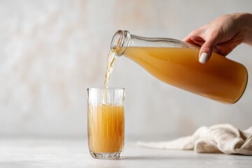 Pouring delicious fresh pressed apple cider into a clear textured glass
