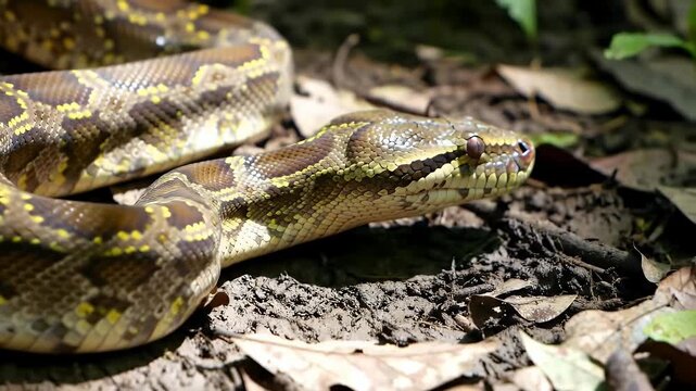 Reticulated Python Close Up: Brown and Tan Snake on Forest Floor