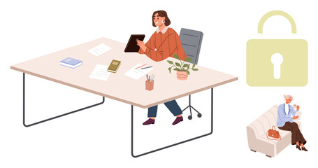 Woman with tablet at a desk, office supplies, plant in focus. Elderly woman holding baby, illustrating privacy, security, family connection, safe workplace, caregiving multitasking secure