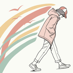 Stylish young person in a pink hoodie and baseball cap walking with colorful abstract streaks and birds
