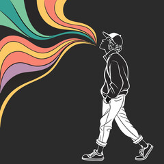 Stylish young person walking with colorful abstract waves emanating from their head against a dark background