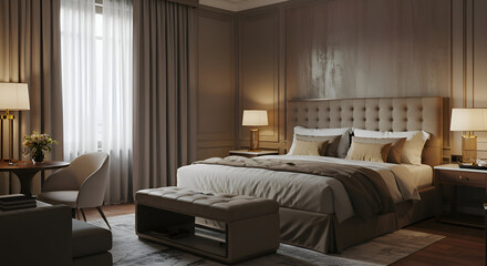 A luxurious hotel bedroom with neutral tones and elegant furnishings. A guest rests in a comfortable bed, adorned with warm-toned linens and accent pillows, bathed in soft, ambient lighting.