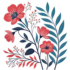 Stylized red flowers and blue green leaves with berries on white background