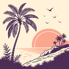 Naklejka premium Stylized tropical beach scene with palm trees and a sunset over the ocean and flying birds