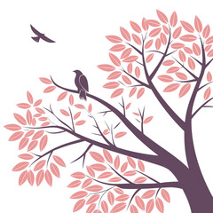 Stylized tree with purple branches and pink leaves with two birds one perched and one flying
