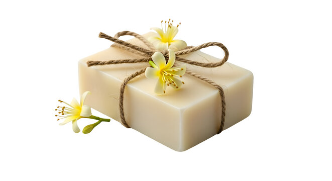 Soap Bar Presents Natural Beauty with Flowers and Twine on Transparent Background, Spa Treatment