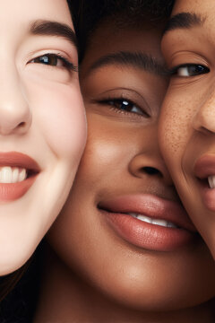 extreme close-up of 3 confident diverse woman&rsquo;s faces with different skin tones, visible skin texture glossy lips,peachy bluss minimal makeup, confident smile