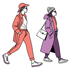 Two stylish women walking in fashionable outfits