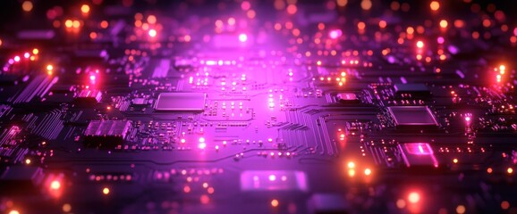 Illuminated circuit board, glowing components, intricate design