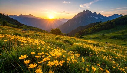 Vibrant alpine meadow filled with wildflowers during a radiant sunset hour