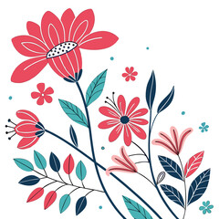 Whimsical floral illustration with coral pink and teal blue flowers and leaves on a white background