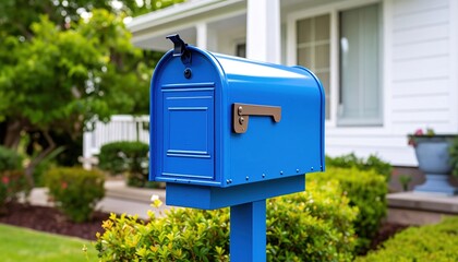 Vibrant Blue Mailbox Stands Out Amidst Lush Greenery and Suburban Charm