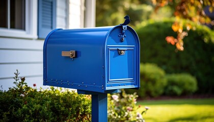 Vibrant blue mailbox stands sentry amidst lush greenery, suburban charm