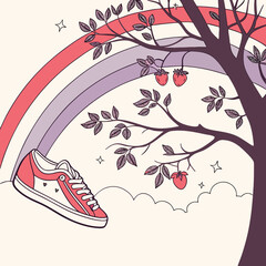 Whimsical illustration of a red sneaker floating near a tree with fruit and a pastel rainbow