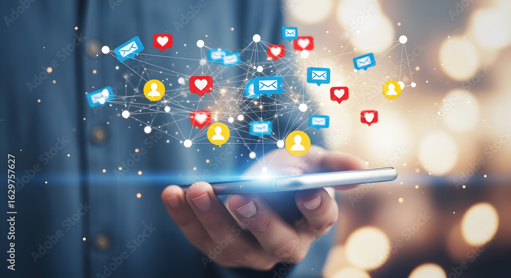 Poster hand holding mobile phone displaying floating social media icons on bokeh light background