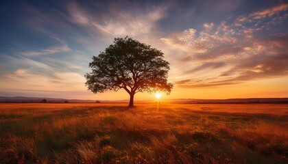 Obraz premium a solitary tree stands majestically against a stunning sunset symbolizing hope solitude and the beauty of nature in a vast serene environment