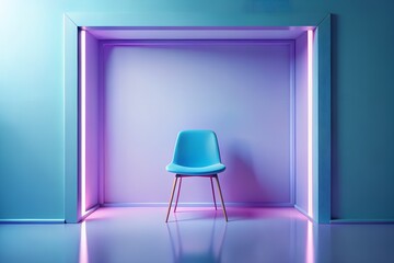 Photo of an empty blue chair sits in the center of a minimalist room with glowing purple and pink neon lights, creating a modern and atmospheric space