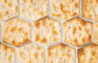 Whole grain crackers with spices and herbs isolated on white background. Dry salted cookies with crackers. Stack of various crispy wheat, rye and corn tortillas with sesame and sunflower seeds
