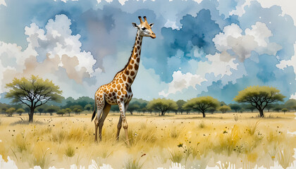 Obraz premium Colorful watercolor illustration of a charming giraffe in its natural habitat, with expressive brushstrokes and a gentle palette.