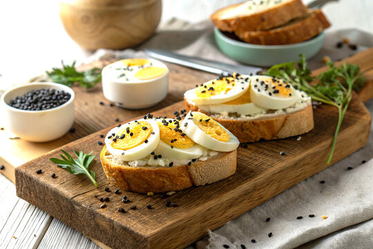 Hard boiled eggs on toast with black sesame seeds on rustic board