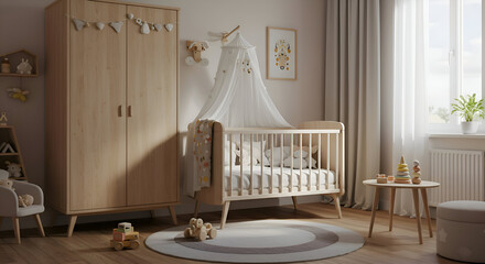 Light-wood nursery with baby crib and accessories. A neutral-toned room features a crib with a canopy, adorned with soft toys. Parent, interior designer, nursery. modern home.