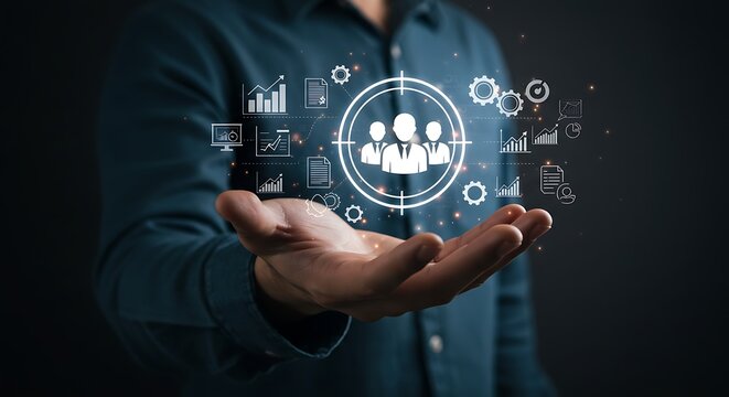 A Man Holding a Circular Icon with Various Business and Technology Symbols