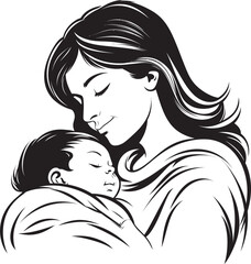 Heartfelt Mother Holding Newborn Motherly Embrace Black Line Art