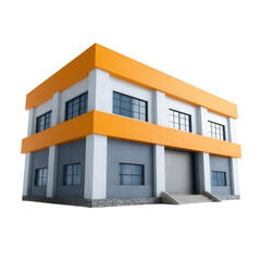 A modern industrial building with an orange roof and grey walls, featuring large windows and a practical design