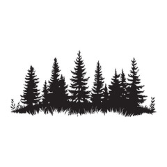 Obraz premium Silhouette of a pine forest silhouette, Pine Forest Silhouette Vector Illustrations, pine tree forest silhouette vector illustration, black silhouette forest tree lines and natural landscape elements