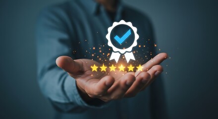 Title A Man Holding a Certificate of Approval with Five Stars
