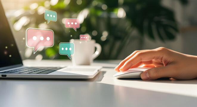 Hand Using Mouse Beside Laptop with Chat Bubbles on White Desk with Plant and Sunlight