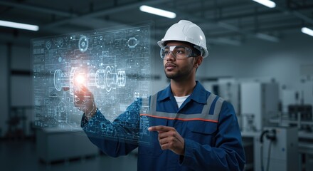 African American engineer using holographic interface in modern facility. Man with safety helmet interacting with digital technology displays. Innovation and future workplace concept. Vertical banner