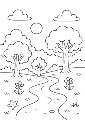 Naklejka premium Line art nature landscape with pathway, trees, flowers, and clouds. Simple black and white illustration for children's coloring pages.