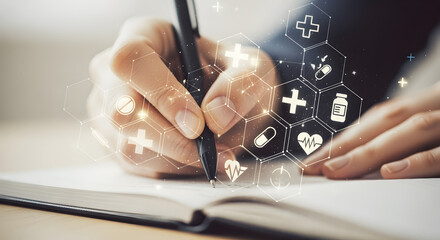 Hand Writing In Notebook With Healthcare Symbols Overlay In Bright Indoor Scene