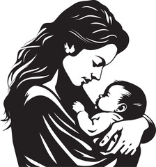 Mother’s Loving Touch in Black Modern Mother Cradling Child Art