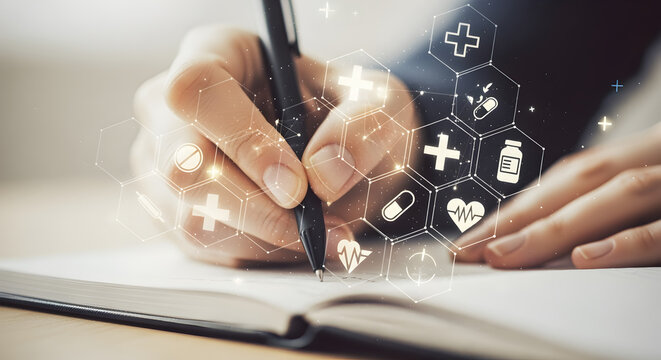 Hand Writing In Notebook With Healthcare Symbols Overlay In Bright Indoor Scene