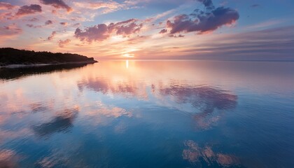 pastel sky and calm water reflecting a dreamy sunset