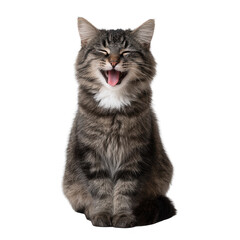 Obraz premium A playful and expressive cat sitting confidently, showcasing its personality with a joyful expression against a white isolated background.