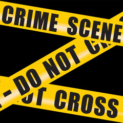 Police tape with the inscription crime scene do not cross yellow on a black background close-up
