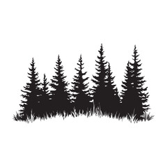 Obraz premium Silhouette of a pine forest silhouette, Pine Forest Silhouette Vector Illustrations, pine tree forest silhouette vector illustration, black silhouette forest tree lines and natural landscape elements