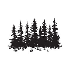 Obraz premium Silhouette of a pine forest silhouette, Pine Forest Silhouette Vector Illustrations, pine tree forest silhouette vector illustration, black silhouette forest tree lines and natural landscape elements
