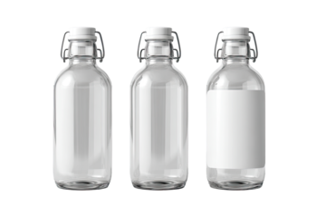 Three clear glass bottles, each with a white screw-on cap and a blank label