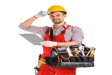 Male technician with clipboard and bag of tools on white background