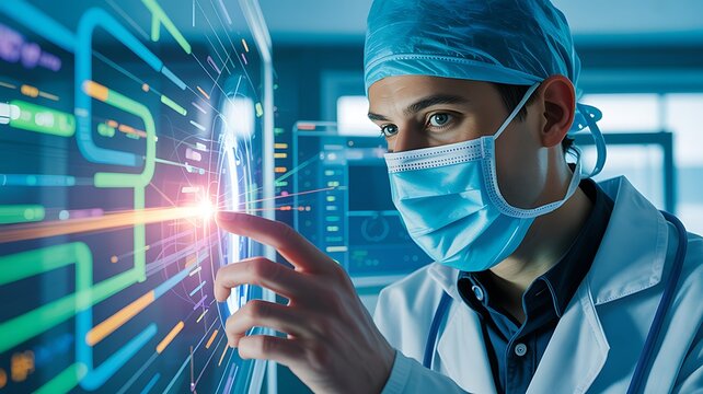 Doctor in surgical mask and cap interacting with futuristic holographic medical data display