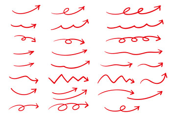 手書きの矢印のイラストセット　ベクター赤	