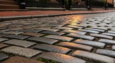 A vintage cobblestone street glistening in the soft, reflected light of early evening in an urban