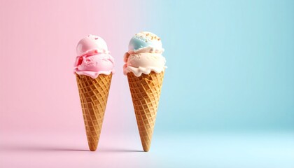 Pastel perfection: two ice cream cones against a gradient pink and blue backdrop