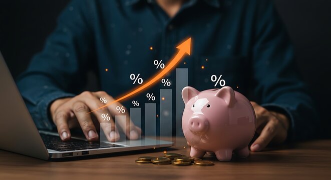 professional high quality Investor with Piggy Bank and Laptop - Powered by Adobe